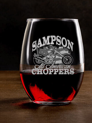 All American Choppers : Stemless Wine Glasses - Engraved