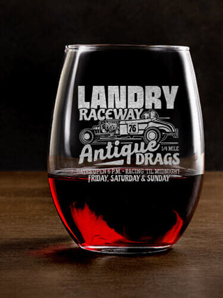 Antique Drag Race : Stemless Wine Glasses - Engraved