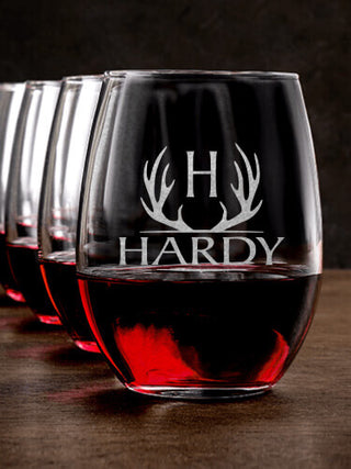 Antler Monogram : Stemless Wine Glasses - Engraved