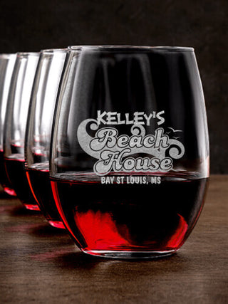 Beach House : Stemless Wine Glasses - Engraved