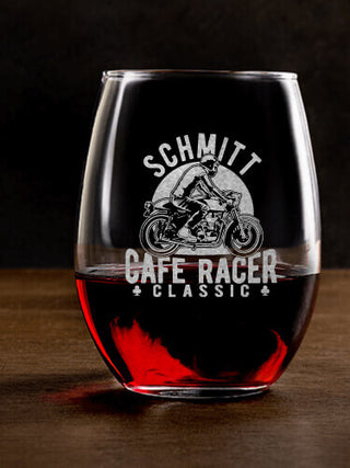Cafe Racer : Stemless Wine Glasses - Engraved