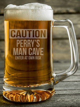 Caution Man Cave : Beer Mugs - Engraved