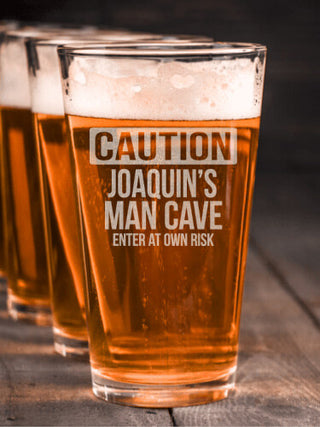 Caution Man Cave : Pint Glasses - Engraved