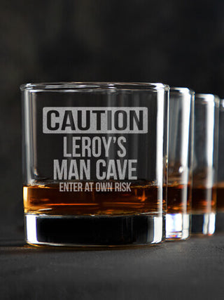 Caution Man Cave : Rocks Glasses - Engraved
