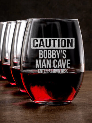 Caution Man Cave : Stemless Wine Glasses - Engraved