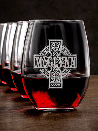 Celtic Stone Cross : Stemless Wine Glasses - Engraved