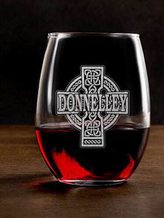 Celtic Stone Cross : Stemless Wine Glasses - Engraved