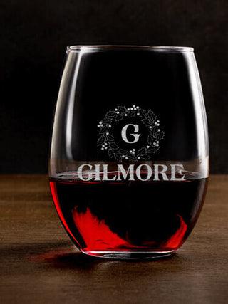 Christmas Monogram : Stemless Wine Glasses - Engraved