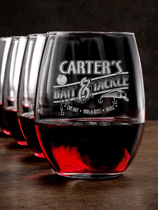 Classic Bait and Tackle : Stemless Wine Glasses - Engraved