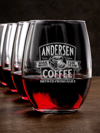 Coffee : Stemless Wine Glasses - Engraved