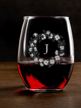 Cotton Wreath Monogram : Stemless Wine Glasses - Engraved
