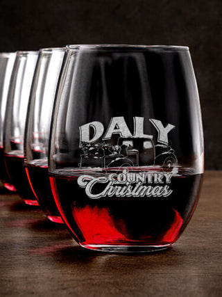 Country Christmas : Stemless Wine Glasses - Engraved