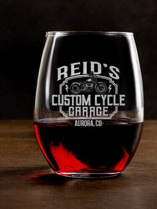 Custom Cycle Garage BP : Stemless Wine Glasses - Engraved