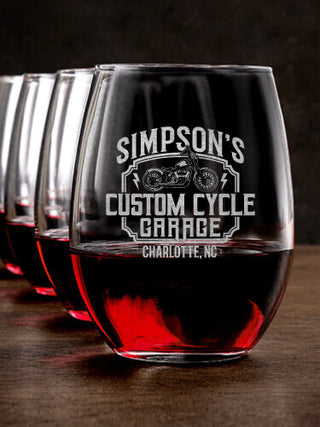 Custom Cycle Garage : Stemless Wine Glasses - Engraved