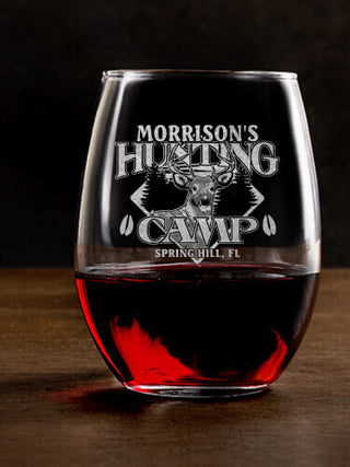 Deer Hunting Camp : Stemless Wine Glasses - Engraved