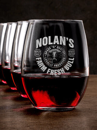 Farm Fresh Bull : Stemless Wine Glasses - Engraved
