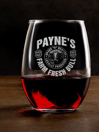 Farm Fresh Bull : Stemless Wine Glasses - Engraved