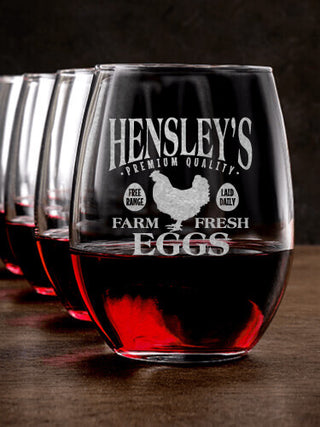 Farm Fresh Eggs : Stemless Wine Glasses - Engraved