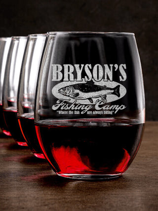 Fishing Camp : Stemless Wine Glasses - Engraved