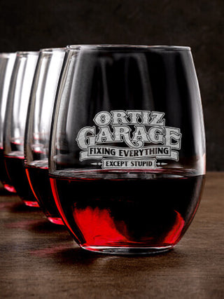 Fixing Everything Garage : Stemless Wine Glasses - Engraved