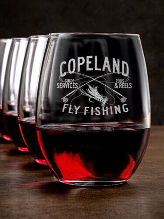 Fly Fishing Guide : Stemless Wine Glasses - Engraved