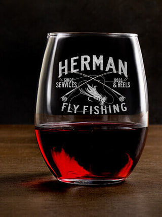 Fly Fishing Guide : Stemless Wine Glasses - Engraved