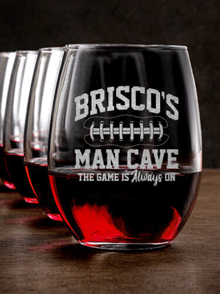 Football Man Cave : Stemless Wine Glasses - Engraved