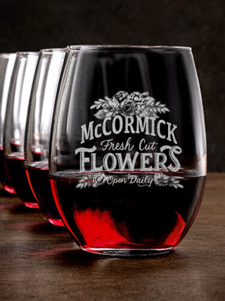 Fresh Cut Flowers : Stemless Wine Glasses - Engraved