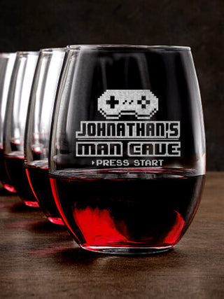 Gamer Man Cave : Stemless Wine Glasses - Engraved