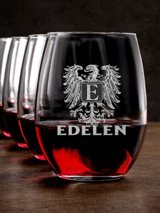 German Monogram : Stemless Wine Glasses - Engraved