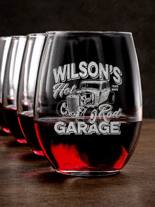 Hot Rod Garage : Stemless Wine Glasses - Engraved