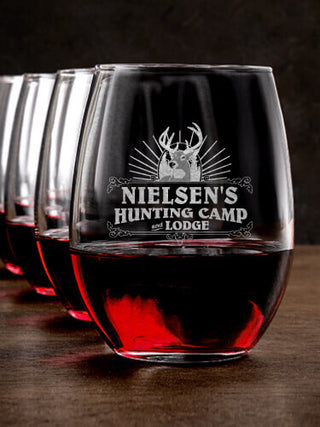 Hunting Camp : Stemless Wine Glasses - Engraved