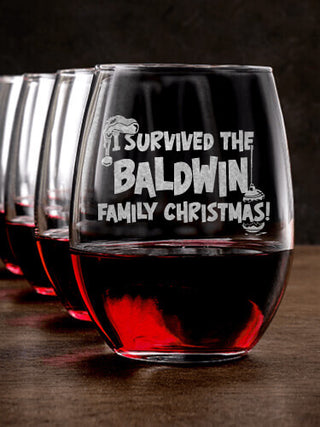 I Survived Christmas : Stemless Wine Glasses - Engraved
