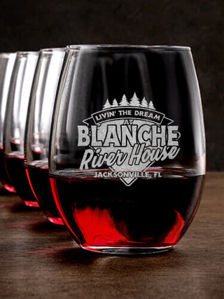 Livin' The Dream River House : Stemless Wine Glasses - Engraved