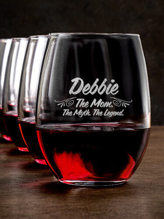 Mom Myth Legend : Stemless Wine Glasses - Engraved