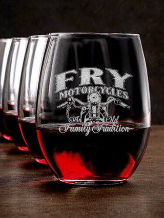 Motorcycle Family Tradition : Stemless Wine Glasses - Engraved
