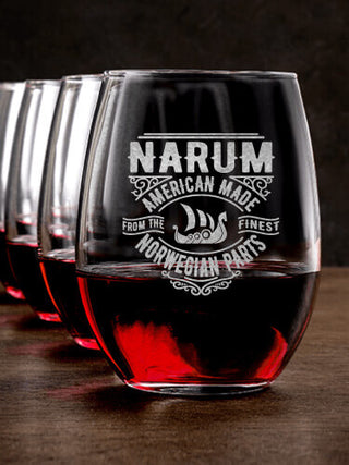 Norwegian Parts : Stemless Wine Glasses - Engraved