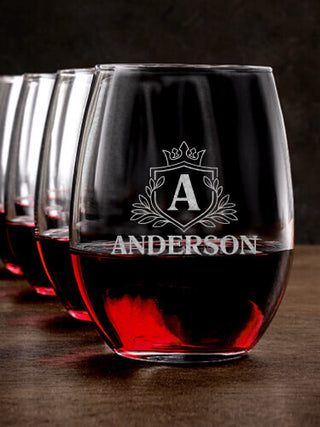 Regal Monogram : Stemless Wine Glasses - Engraved