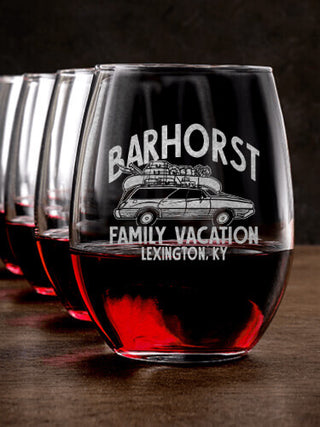 Retro Family Vacation : Stemless Wine Glasses - Engraved