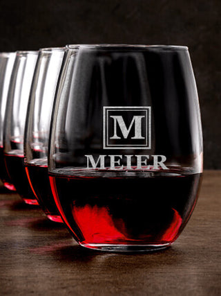 Square Monogram : Stemless Wine Glasses - Engraved
