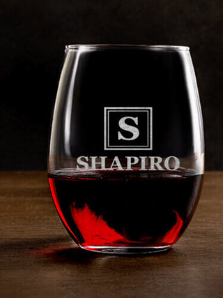 Square Monogram : Stemless Wine Glasses - Engraved