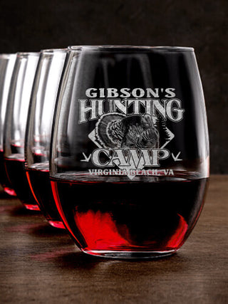 Turkey Hunting Camp : Stemless Wine Glasses - Engraved