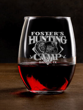 Turkey Hunting Camp : Stemless Wine Glasses - Engraved
