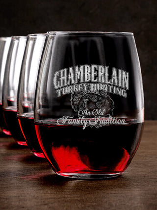 Turkey Hunting Family Tradition : Stemless Wine Glasses - Engraved