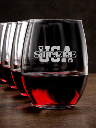 USA : Stemless Wine Glasses - Engraved