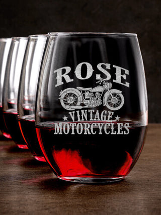 Vintage Motorcycles : Stemless Wine Glasses - Engraved