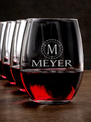 Woodworking Monogram : Stemless Wine Glasses - Engraved