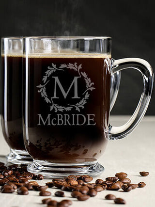 Wreath Monogram : Coffee Mugs - Engraved