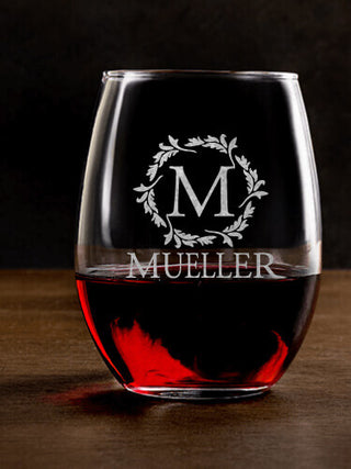 Wreath Monogram : Stemless Wine Glasses - Engraved