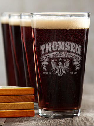 American Original : 4 Pint Glasses - Engraved 4 Coasters Gift Set
